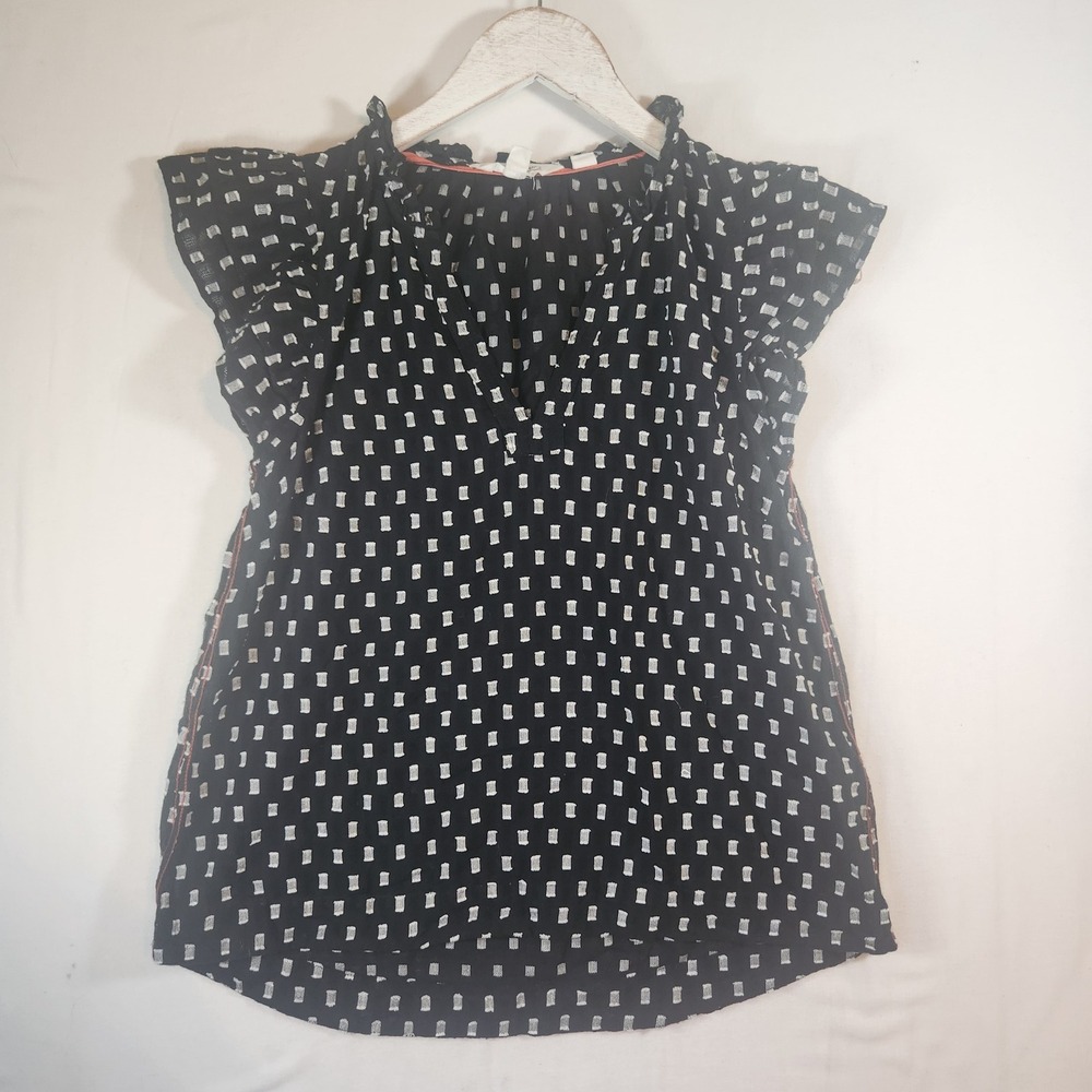 White Stuff Black White Square Print Ruffle Flutter Sleeve Blouse Top US 2